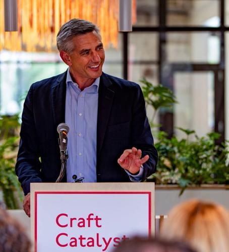 State Rep. Brian Turner speaks during the launch of the Craft Catalyst Initiative at the Center for Craft in Asheville on July 14, 2026.