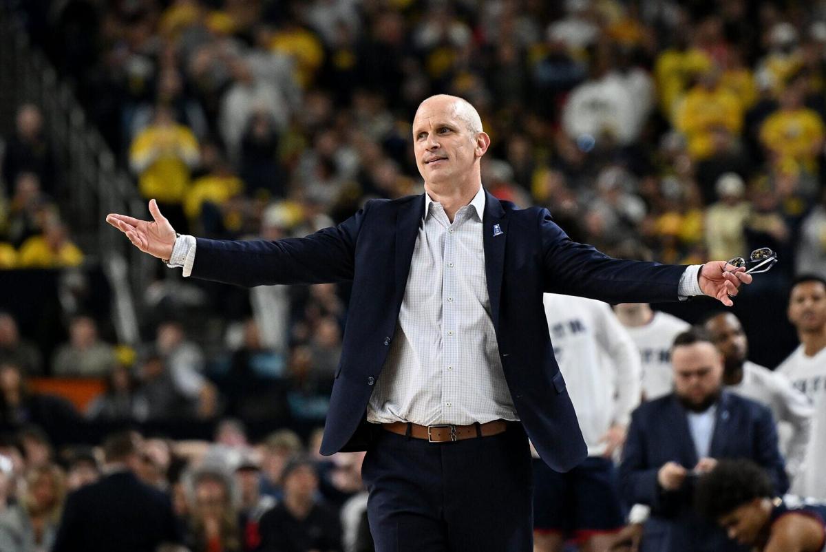 UConn head coach Dan Hurley reacts in the second half against Michigan during the NCAA Tournament championship at Lucas Oil Stadium on April 6, 2026, in Indianapolis.