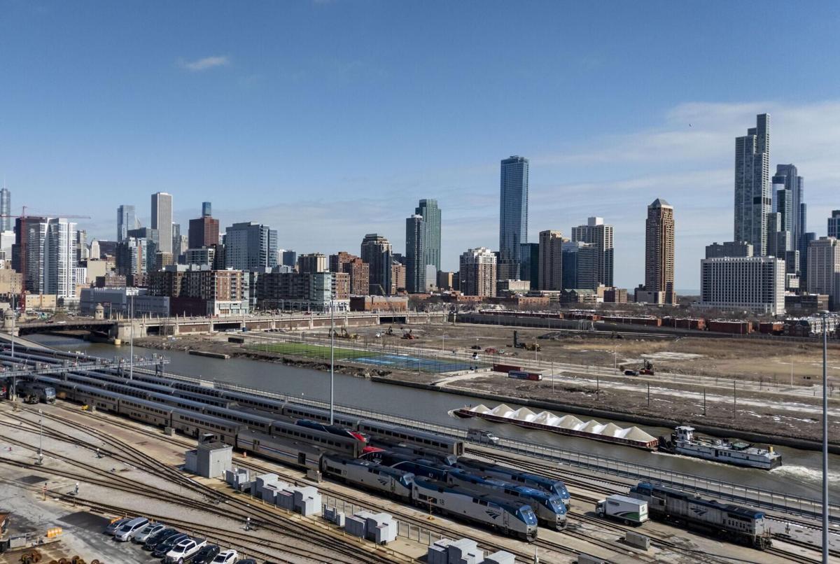Amtrak’ s 14th Street Coach Yard operates on Wednesday, March 18, 2026, along the South Branch of the Chicago River south of Roosevelt Road, across from The 78 development in Chicago.