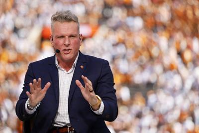 College Gameday analyst Pat McAfee reacts prior to the game between the Texas Longhorns and the Tennessee Volunteers at Neyland Stadium on Sept. 26, 2026, in Knoxville, Tenn..