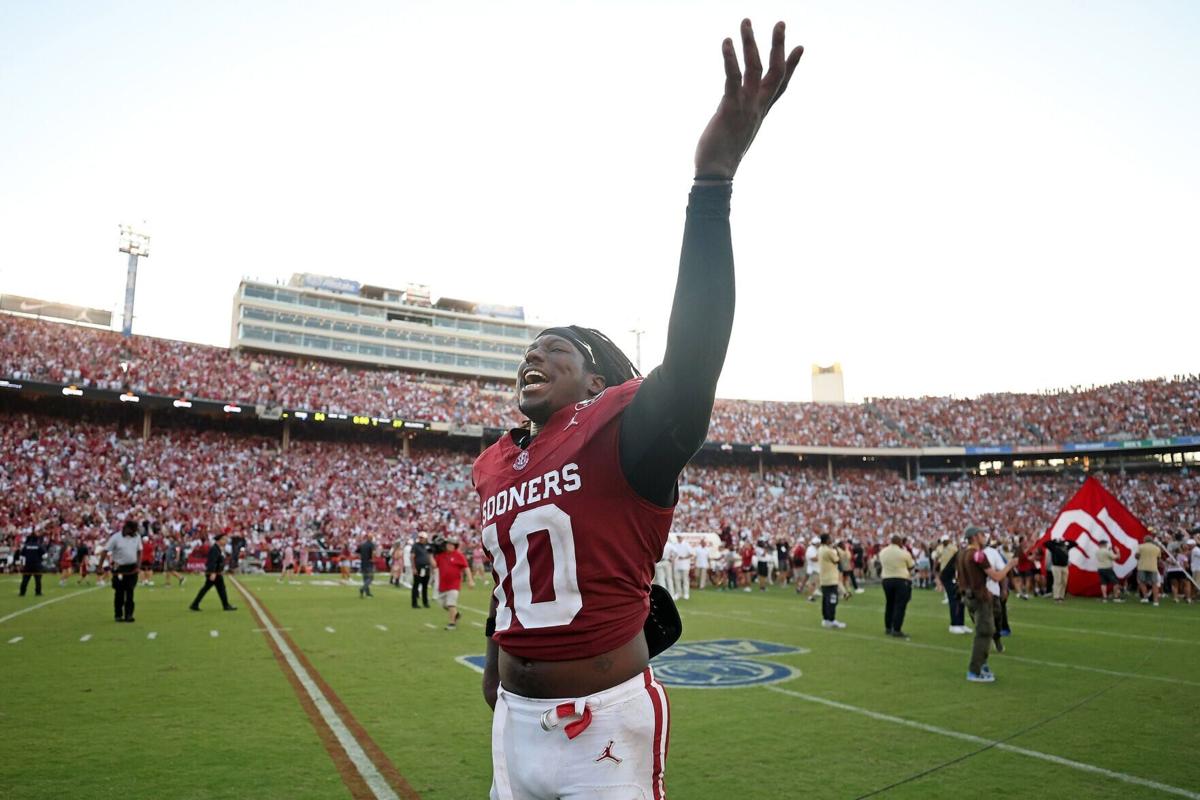 Oklahoma linebacker Kip Lewis celebrates after a 27-24 win against Texas at the Cotton Bowl on Saturday, Oct. 10, 2026, in Dallas.
