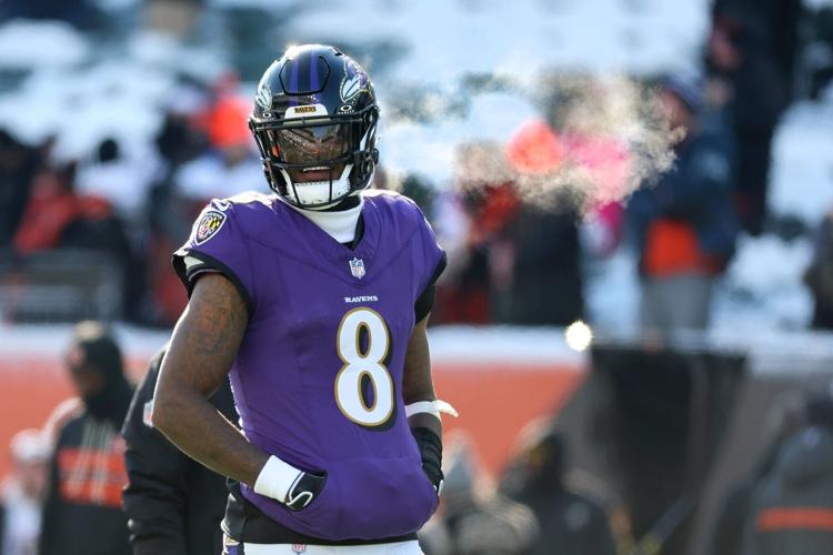 Dec 14, 2025; Cincinnati, Ohio, USA; Baltimore Ravens quarterback Lamar Jackson (8) warms up before the game against the Cincinnati Bengals at Paycor Stadium. Mandatory Credit: Joseph Maiorana-Imagn Images