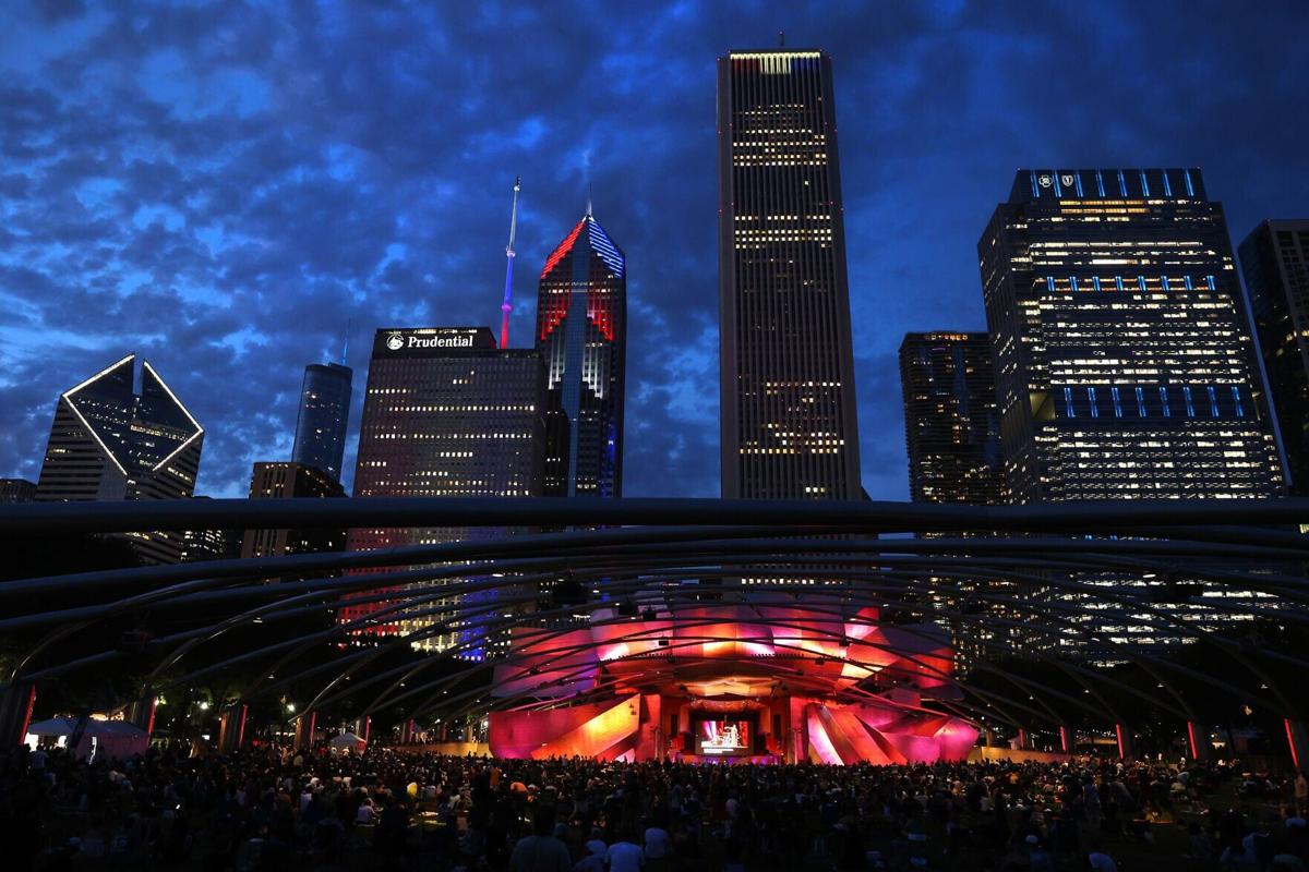 The Chicago skyline backdrops the Chicago Jazz Festival at Millennium Park’s Pritzker Pavilion on Sept. 4, 2026.