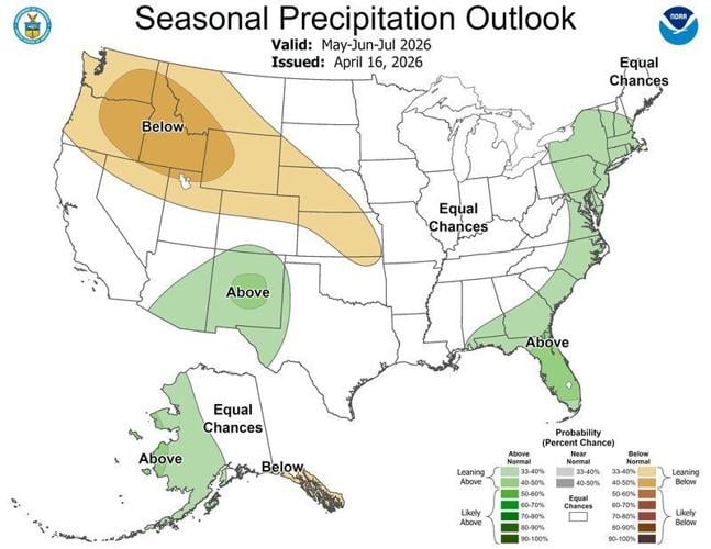 Seasonal precipitation outlook for May-July 2026.