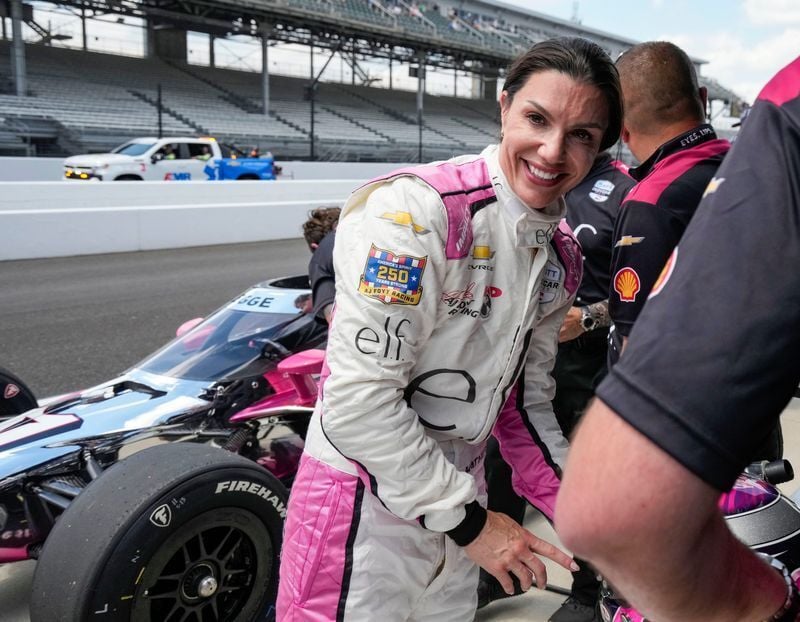 HMD Motorsports with AJ Foyt Racing driver Katherine Legge (11) finishes qualifying Sunday, May 17, 2026, during qualifying for the 110th running of the Indianapolis 500 at Indianapolis Motor Speedway.