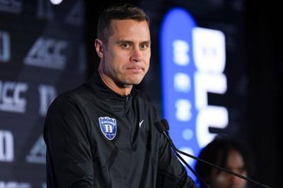 Oct 7, 2026; Charlotte, NC, USA; Duke Blue Devils head coach Jon Scheyer answers questions from the media during the ACC Tip-Off in Charlotte, NC. Mandatory Credit: Jim Dedmon-Imagn Images