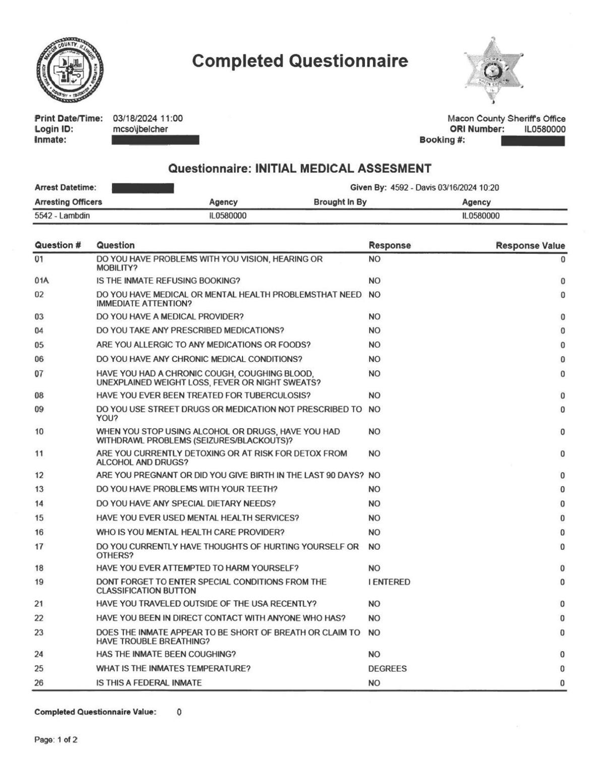 Macon County Jail Initial Medical Questionnaire
