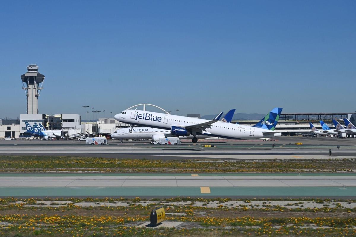 A JetBlue Airways Airbus A321 takes off from Los Angeles International Airport, in Los Angeles, on Feb. 19, 2022.