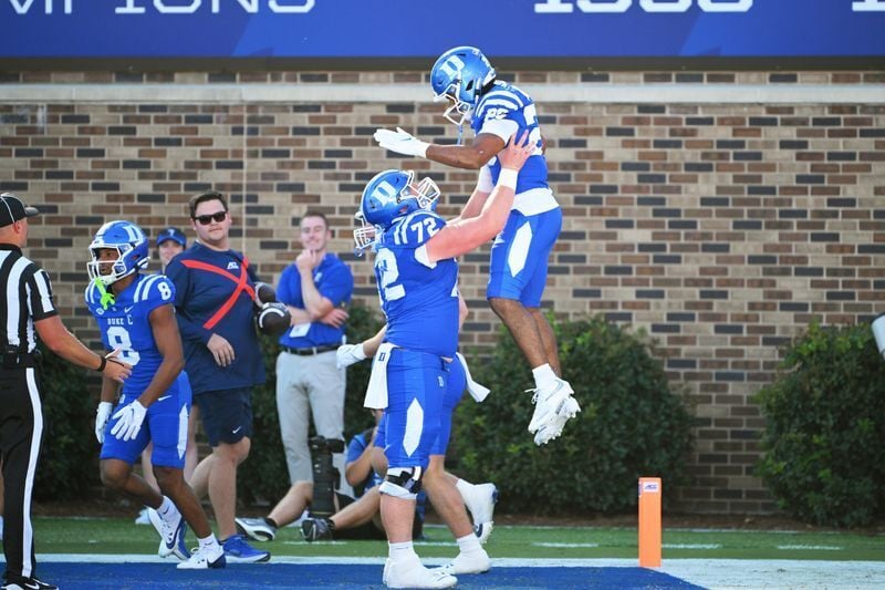 Sep 26, 2026; Durham, North Carolina, USA;  Duke Blue Devils offensive lineman Matt Craycraft (72) celebrates a touchdown by running back Nate Sheppard's (20) against the William & Mary Tribe during the first quarter at Wallace Wade Stadium.  Mandatory ...