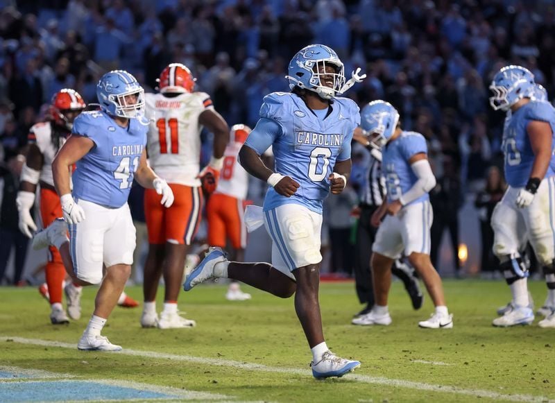 Oct 24, 2026; Chapel Hill, North Carolina, USA;  North Carolina Tar Heels running back Demon June (0) reacts during overtime against Syracuse Orange at Kenan Stadium.  Mandatory Credit: Cory Knowlton-Imagn Images
