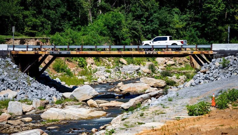 A temporary bridge crosses the Broad River on July 30, 2026, in Bat Cave.