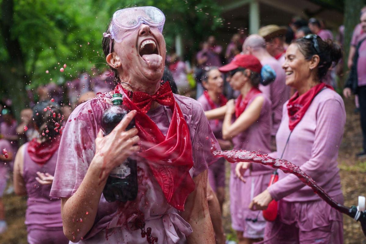 Every year thousands of locals and tourists climb a mountain in the northern Spanish wine producing region of La Rioja to celebrate St. Peter's day by covering each other in red wine using water pistols, back mounted spraying devices, buckets which are ...