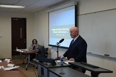 Affiliated Monitors Managing Director of State Monitoring Services Gerald Coyne speaks during a community meeting with Dogwood Health Trust at Western Carolina University at Biltmore Park in Asheville. March 10, 2026.