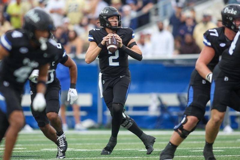 Oct 10, 2026; Atlanta, Georgia, USA; Duke Blue Devils quarterback Walker Eget (2) drops back to pass against the Georgia Tech Yellow Jackets in the first quarter at Bobby Dodd Stadium at Hyundai Field. Mandatory Credit: Brett Davis-Imagn Images