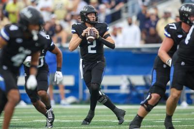 Oct 10, 2026; Atlanta, Georgia, USA; Duke Blue Devils quarterback Walker Eget (2) drops back to pass against the Georgia Tech Yellow Jackets in the first quarter at Bobby Dodd Stadium at Hyundai Field. Mandatory Credit: Brett Davis-Imagn Images