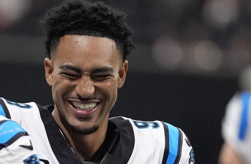 Sep 20, 2026; Atlanta, Georgia, USA;  Carolina Panthers quarterback Bryce Young (9) looks on during the fourth quarter against the Atlanta Falcons at Mercedes-Benz Stadium.  Mandatory Credit: Dale Zanine-Imagn Images