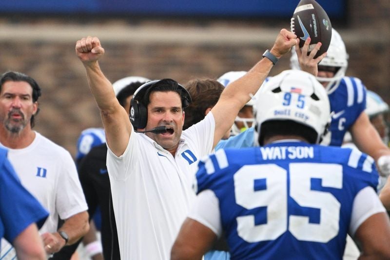 Sep 5, 2026; Durham, North Carolina, USA;  Duke Blue Devils head coach Manny Diaz reacts during the second half against the Tulane Green Wave at Wallace Wade Stadium.  Mandatory Credit: Zachary Taft-Imagn Images