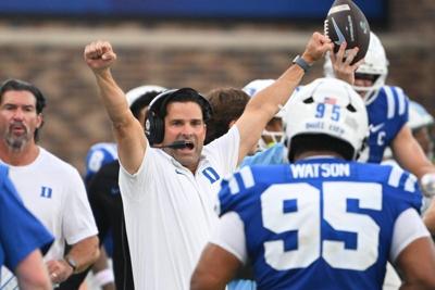 Sep 5, 2026; Durham, North Carolina, USA;  Duke Blue Devils head coach Manny Diaz reacts during the second half against the Tulane Green Wave at Wallace Wade Stadium.  Mandatory Credit: Zachary Taft-Imagn Images