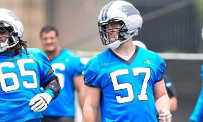 Jun 9, 2026; Charlotte, NC, USA; Carolina Panthers tackle Monroe Freeling (57) and guard Ja’Tyre Carter (65) during the first day of mini camp at Bank of America Stadium practice facility. Mandatory Credit: Jim Dedmon-Imagn Images