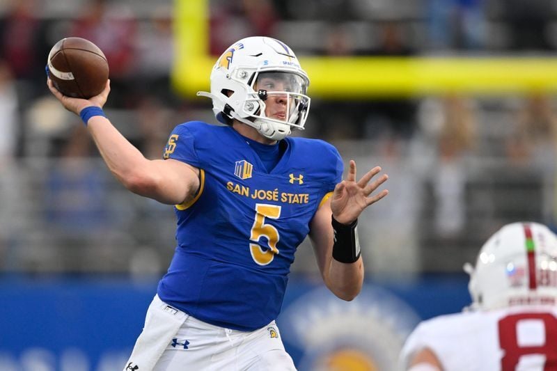 Nov 29, 2024; San Jose, California, USA; San Jose State Spartans quarterback Walker Eget (5) throws against the Stanford Cardinal in the fourth quarter at CEFCU Stadium. Mandatory Credit: Eakin Howard-Imagn Images