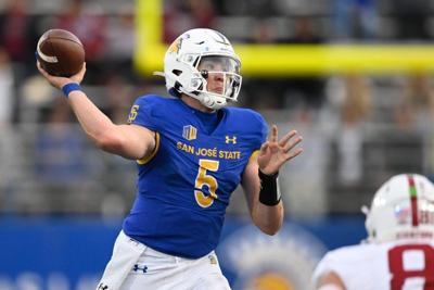 Nov 29, 2024; San Jose, California, USA; San Jose State Spartans quarterback Walker Eget (5) throws against the Stanford Cardinal in the fourth quarter at CEFCU Stadium. Mandatory Credit: Eakin Howard-Imagn Images