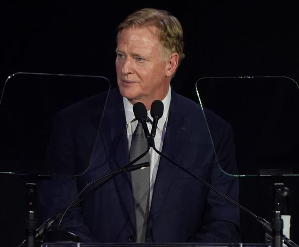 NFL Commissioner Roger Goodell speaks at the Gold Jacket Dinner at the Canton Memorial Civic Center, Aug. 7, 2026.