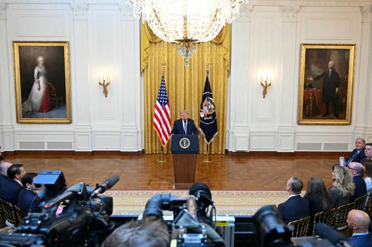 U.S. President Donald Trump addresses the nation from the White House in Washington
