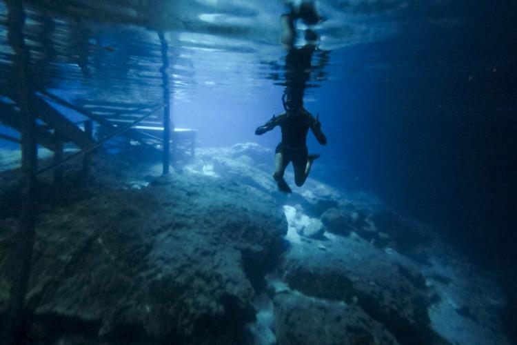 Karissa Bellile experiences the underground cavernous spring at Devil’s Den Spring in Williston, Florida.
