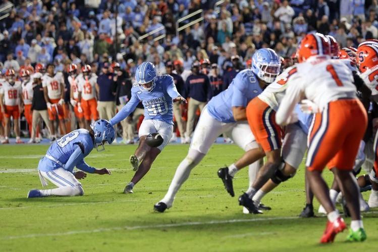 Oct 24, 2026; Chapel Hill, North Carolina, USA;  North Carolina Tar Heels placekicker Rece Verhoff (90) kicks a field goal during the fourth quarter against Syracuse Orange at Kenan Stadium.  Mandatory Credit: Cory Knowlton-Imagn Images