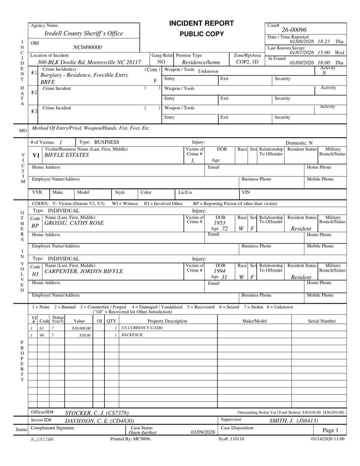 Greg Biffle estate robbery report