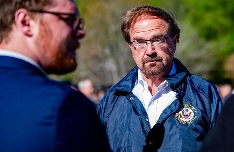 U.S. Rep. Chuck Edwards speaks with members of the media ahead of the arrival of U.S. Homeland Security Secretary Markwayne Mullin in Chimney Rock on April 7, 2026.