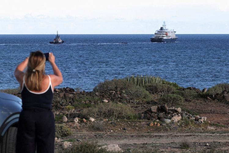 FILE PHOTO: The cruise ship MV Hondius, affected by a hantavirus outbreak, leaves the port of Granadilla de Abona, in Tenerife