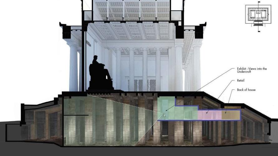 Cross section of the Lincoln Memorial showing the new undercroft exhibit area in relation to the rest of the memorial