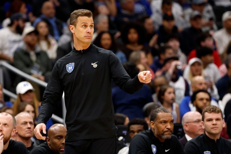 Mar 27, 2026; Washington, DC, USA; Duke Blue Devils head coach Jon Scheyer reacts in the first half during a Sweet Sixteen game of the East Regional of the men's 2026 NCAA Tournament at Capital One Arena. Mandatory Credit: Geoff Burke-Imagn Images