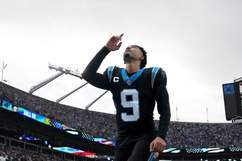 Jan 10, 2026; Charlotte, NC, USA; Carolina Panthers quarterback Bryce Young (9) reflects before an NFC Wild Card Round game at Bank of America Stadium. Mandatory Credit: Bob Donnan-Imagn Images