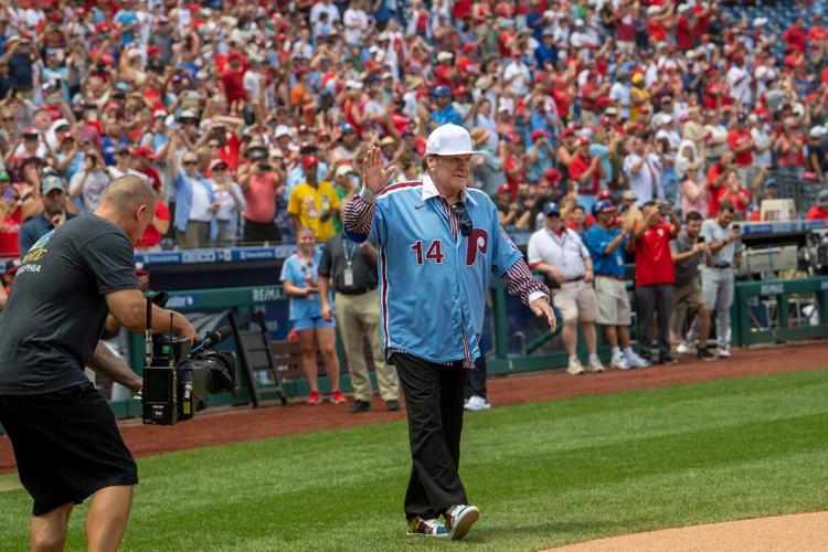 Pete Rose is introduced during the ceremony to honor the 1980 Philadelphia Phillies team on Sunday, Aug. 7, 2022, at Citizens Bank Park in Philadelphia.