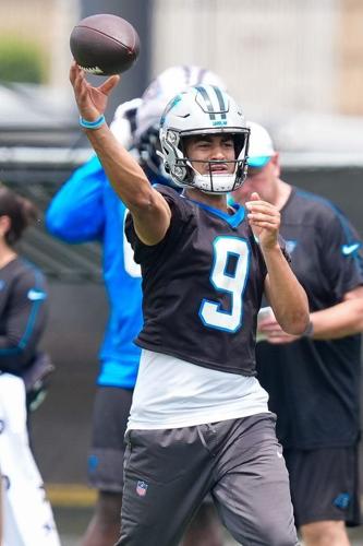 Jun 9, 2026; Charlotte, NC, USA;  Carolina Panthers quarterback Bryce Young (9) throws during the first day of mini camp at Bank of America Stadium practice facility. Mandatory Credit: Jim Dedmon-Imagn Images