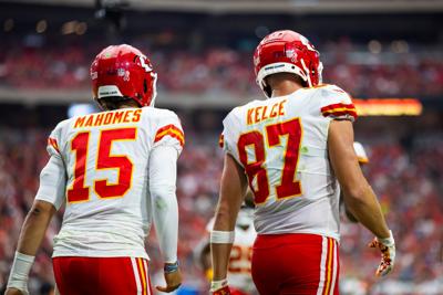 Sep 11, 2022; Glendale, Arizona, USA; Detailed view of the jersey of Kansas City Chiefs quarterback Patrick Mahomes (15) and tight end Travis Kelce (87) against the Arizona Cardinals at State Farm Stadium. Mandatory Credit: Mark J. Rebilas-USA TODAY Sports