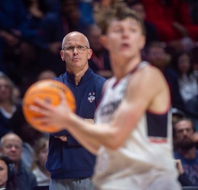 UConn head coach Dan Hurley on the sideline during the 2026 Hall of Fame Series preseason exhibition game against Syracuse at Mohegan Sun Arena in Uncasville, Connecticut, on Oct. 13, 2026.