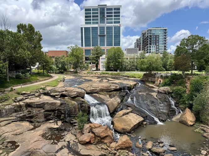 The Reedy River's urban waterfall is a centerpiece of downtown Greenville’s Falls Park.