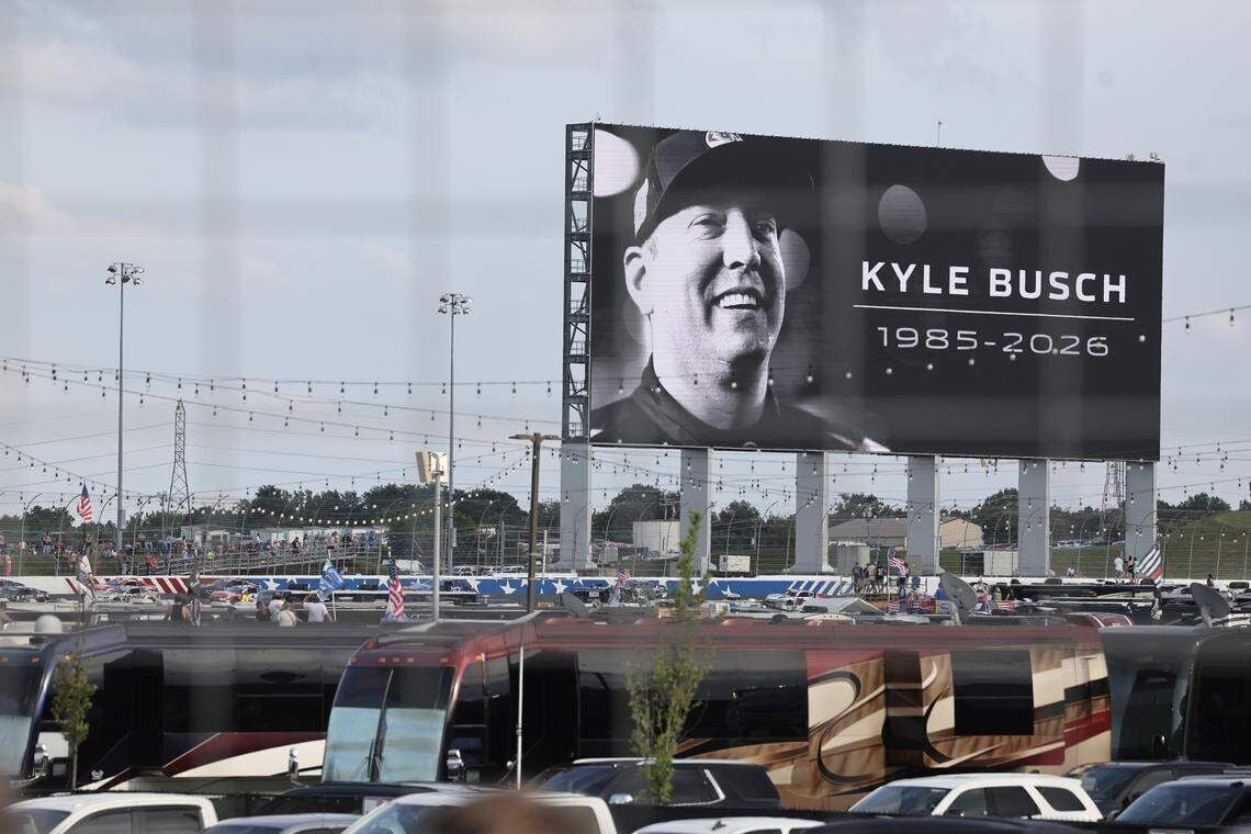 A memorial for Kyle Busch is displayed at Charlotte Motor Speedway Sunday, May 24, 2026 during the Coca Cola 600.