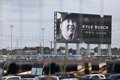 A memorial for Kyle Busch is displayed at Charlotte Motor Speedway Sunday, May 24, 2026 during the Coca Cola 600.