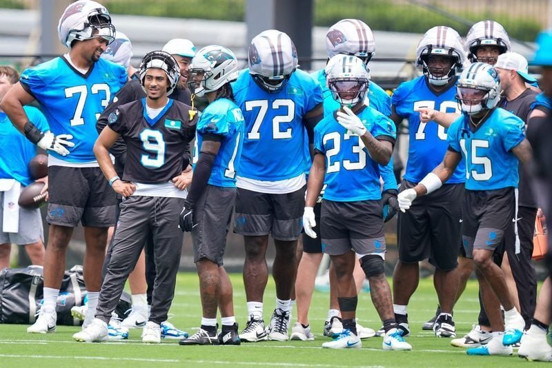 Jun 9, 2026; Charlotte, NC, USA; Carolina Panthers quarterback Bryce Young (9) and his offensive teammates during the first day of mini camp at Bank of America Stadium practice facility. Mandatory Credit: Jim Dedmon-Imagn Images
