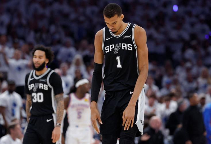 May 26, 2026; Oklahoma City, Oklahoma, USA; San Antonio Spurs forward Victor Wembanyama (1) reacts after a play during the third quarter against the Oklahoma City Thunder in game five of the western conference finals for the 2026 NBA playoffs at Paycom Cen