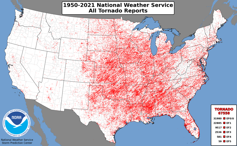 Tornado tracks 1950-2021