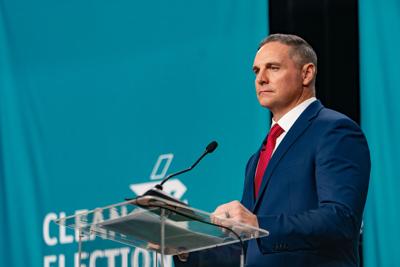 Former Cardinals kicker Jay Feely participates in the 2026 AZ Clean Elections primary debate for the 1st Congressional District at Sneaky Big Studios in Scottsdale on June 24, 2026.