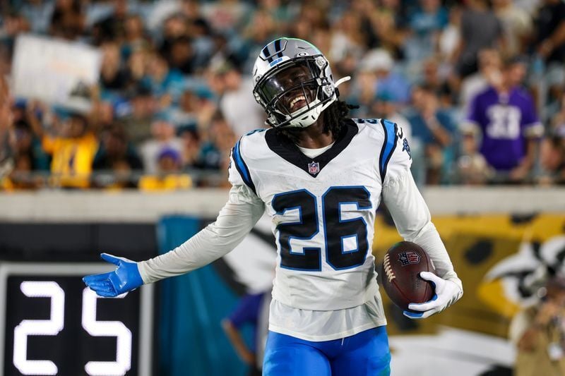 Aug 21, 2026; Jacksonville, Florida, USA; Carolina Panthers cornerback Chau Smith-Wade (26) reacts after a turnover against the Jacksonville Jaguars in the second quarter during a preseason game at EverBank Stadium. Mandatory Credit: Nathan Ray Seebeck-...