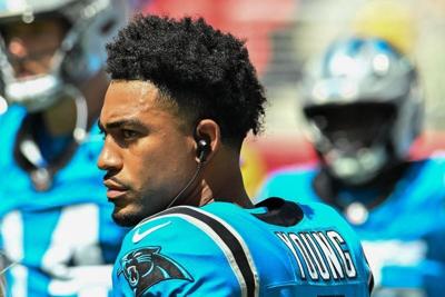 Aug 15, 2026; Orchard Park, New York, USA; Carolina Panthers quarterback Bryce Young (9) watches from the sideline in the second quarter game against the Buffalo Bills at the New Highmark Stadium. Mandatory Credit: Mark Konezny-Imagn Images