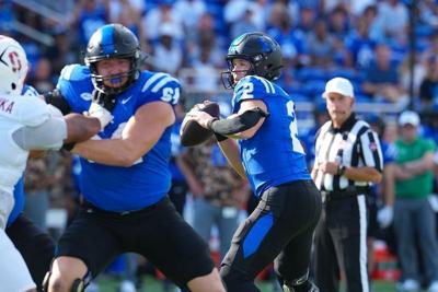 Sep 19, 2026; Durham, North Carolina, USA;  Duke Blue Devils quarterback Walker Eget (2) goes back in the pocket against the Stanford Cardinal during the first half at Wallace Wade Stadium.  Mandatory Credit: James Guillory-Imagn Images