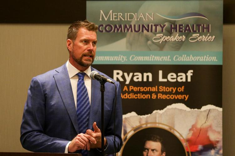 Ryan Leaf, former NFL quarterback, speaks during a Meridian Community Health speaker series event, Wednesday, Oct. 20, 2021 in Lafayette. Ryan Leaf Speaks At Meridian Health Event.